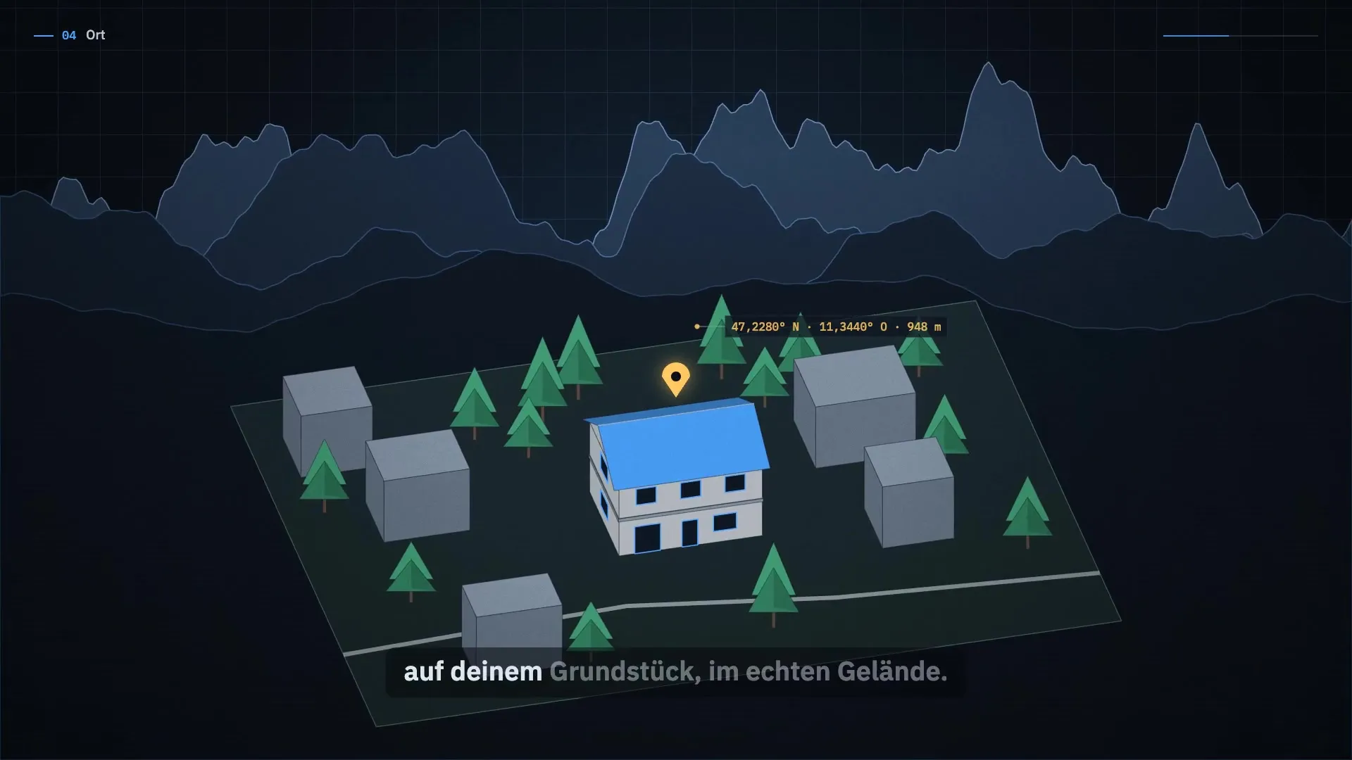 Standbild aus dem Home2Model-Film – ein Haus mit blauem Dach steht im Gelände zwischen Bäumen und Nachbarhäusern, dahinter eine Bergsilhouette mit Ausblicklinie