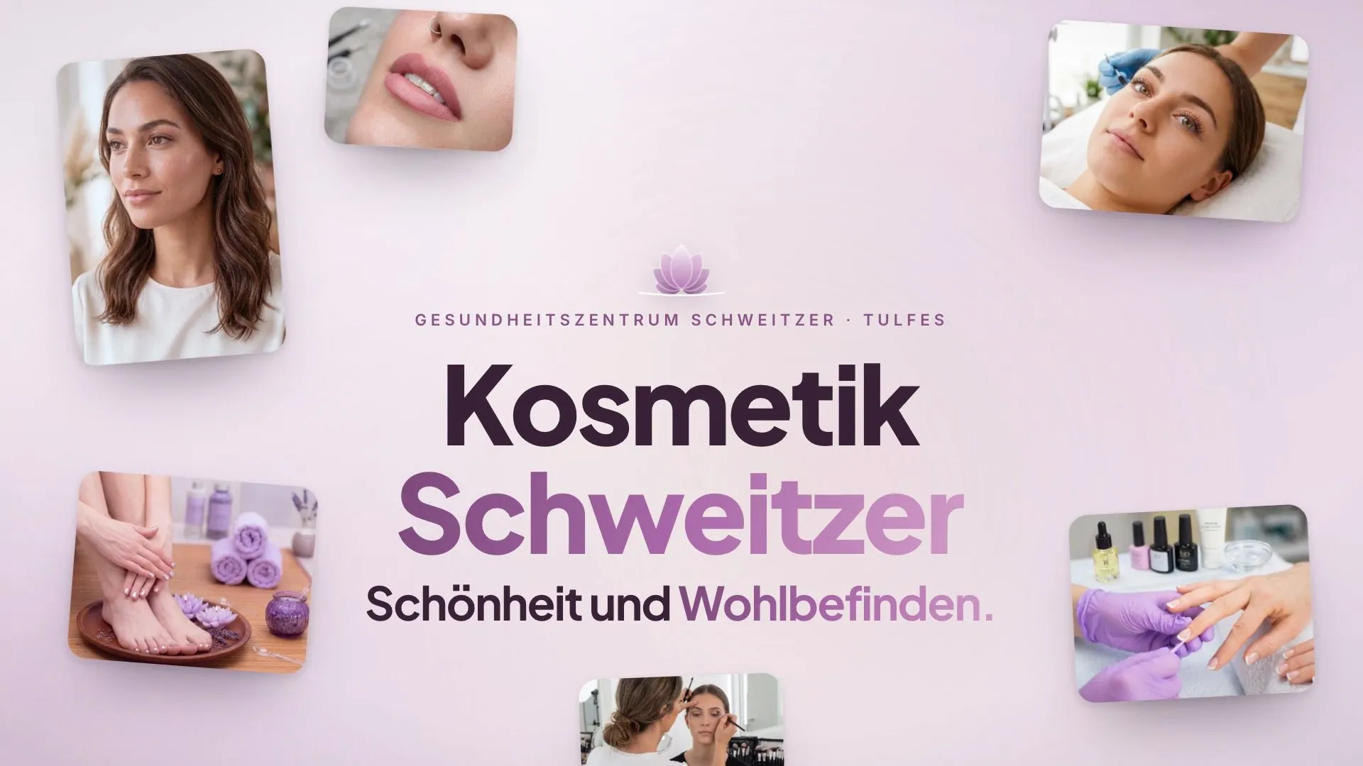Standbild aus dem Kosmetik-Spot, der Schriftzug „Kosmetik Schweitzer“ mit „Schönheit und Wohlbefinden.“, ringsum schwebende Bildkarten mit Gesicht, Lippen, Händen und Füßen auf hellem Mauve