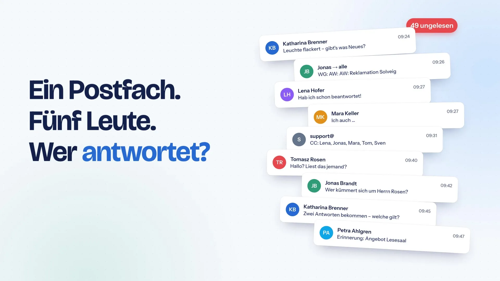 Standbild aus dem Octaviomail-Film – „Ein Postfach. Fünf Leute. Wer antwortet?“, daneben ein Stapel überlappender E-Mails