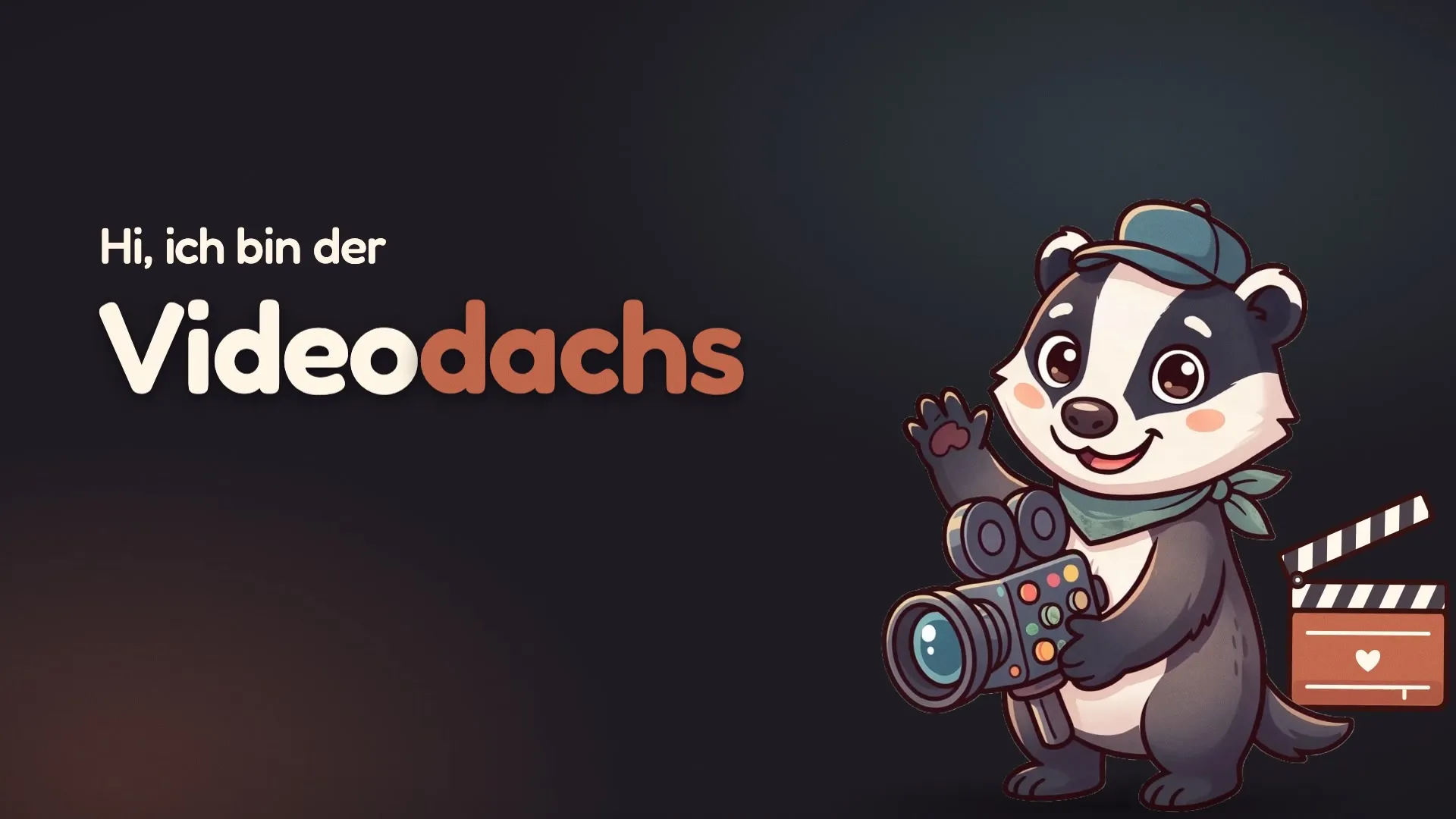 Standbild aus dem Videodachs-Spot – der Dachs mit Schirmkappe und Filmkamera winkt, daneben die Filmklappe, darüber „Hi, ich bin der Videodachs“